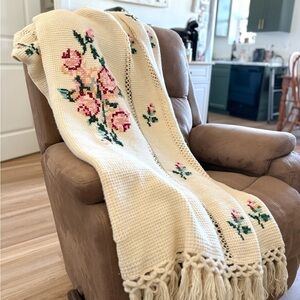 Handmade Cream Crochet Throw with Pink Rose Embroidery & Fringe